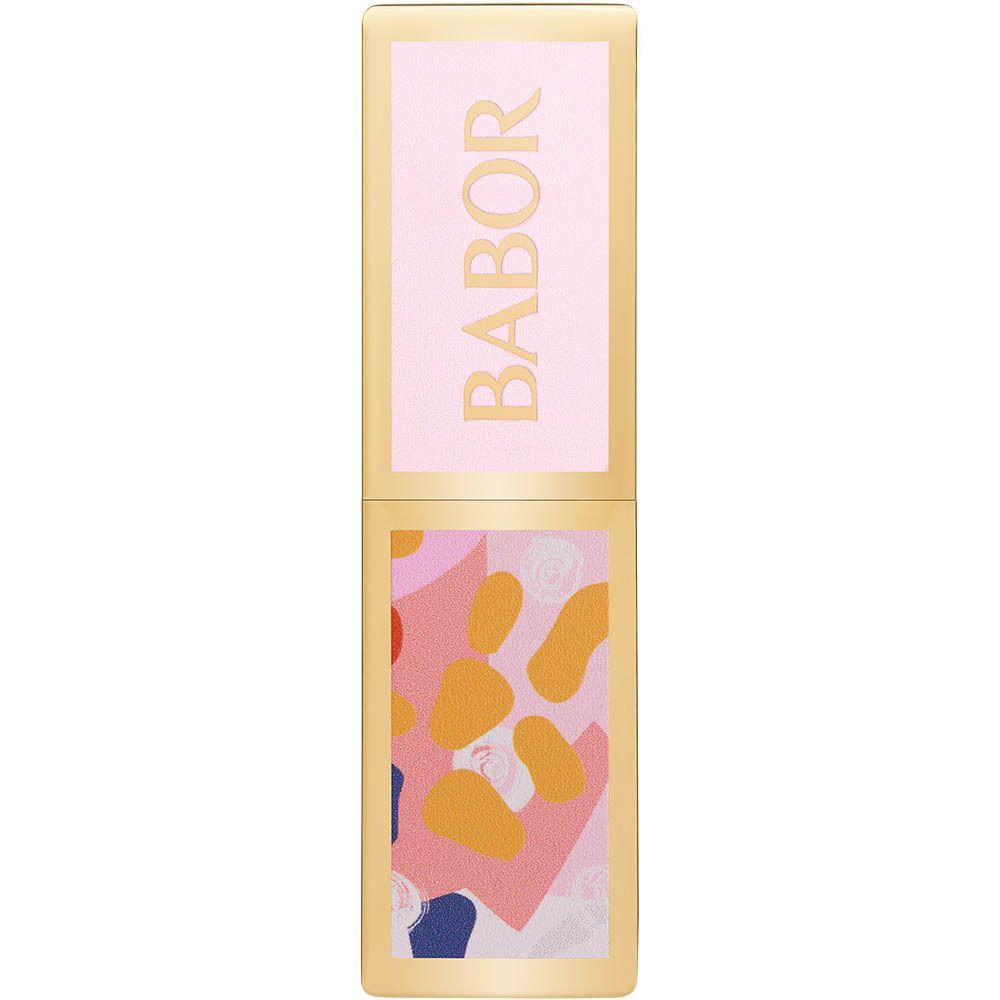 Étui de rouge à lèvres doré avec lettrage rose BABOR et motif coloré.