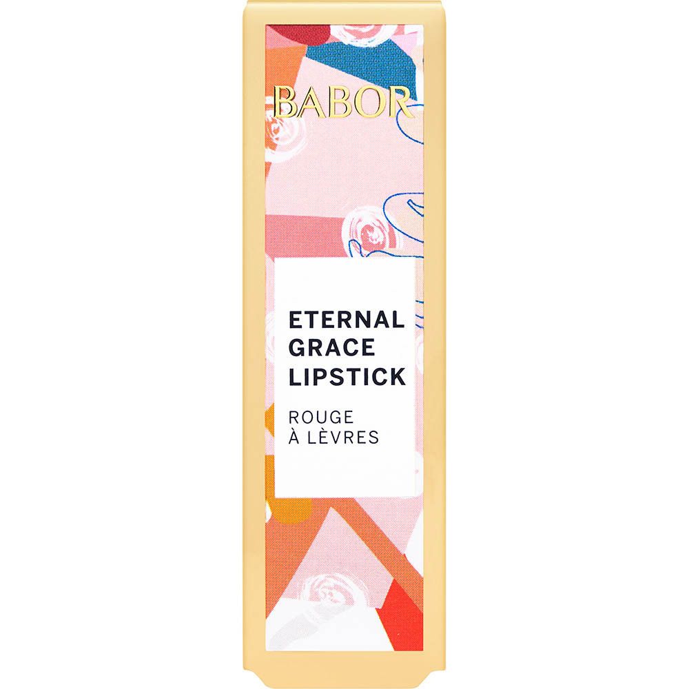 Lippenstift en verpakking. Op de verpakking staat Eternal Grace Lipstick.