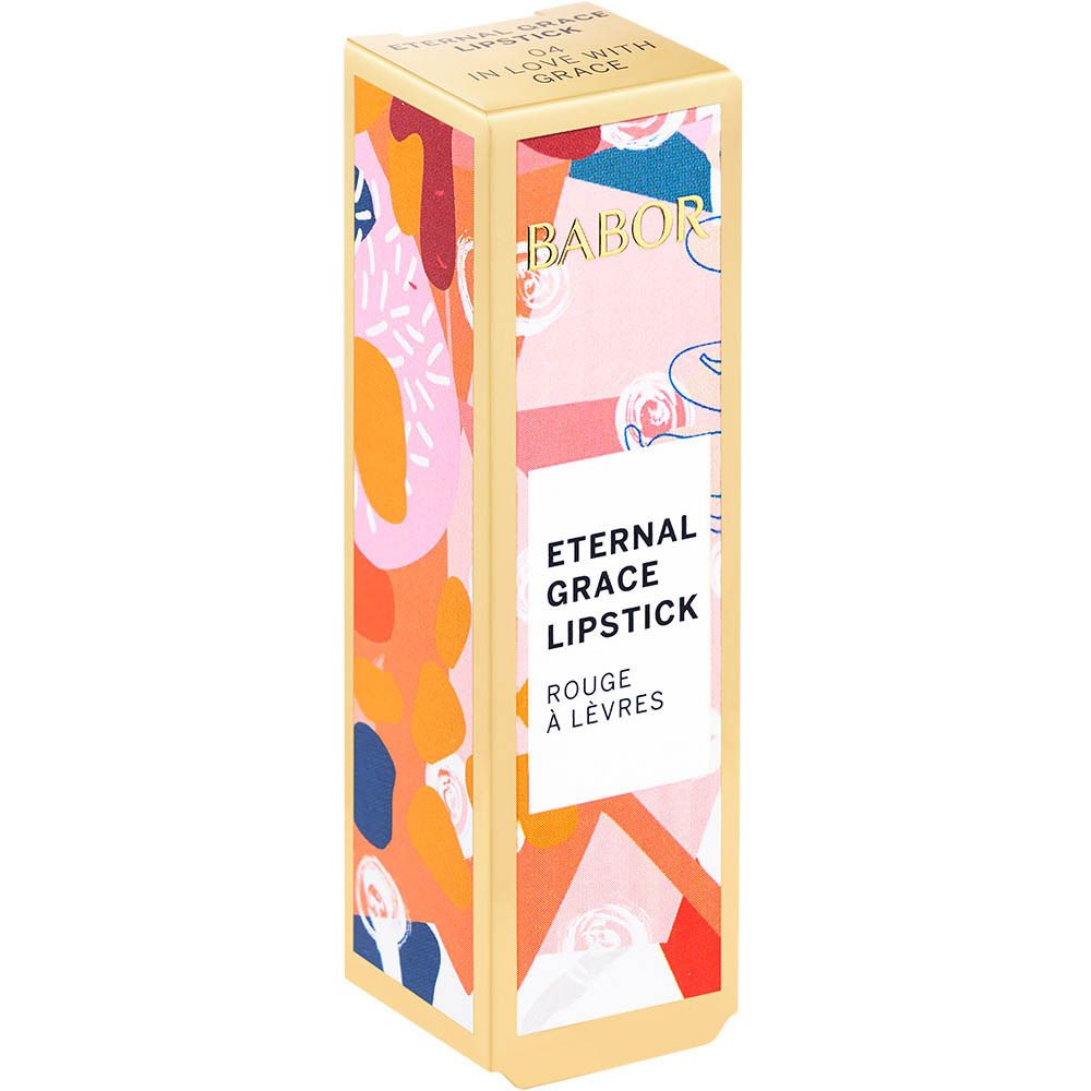 Lippenstift en verpakking. Op de verpakking staat Eternal Grace Lipstick.
