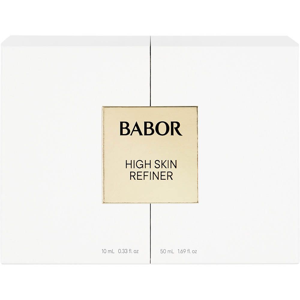 Witte geschenkverpakking met gouden etiket. Opschrift: BABOR HIGH SKIN REFINER. Twee productgroottes worden vermeld.