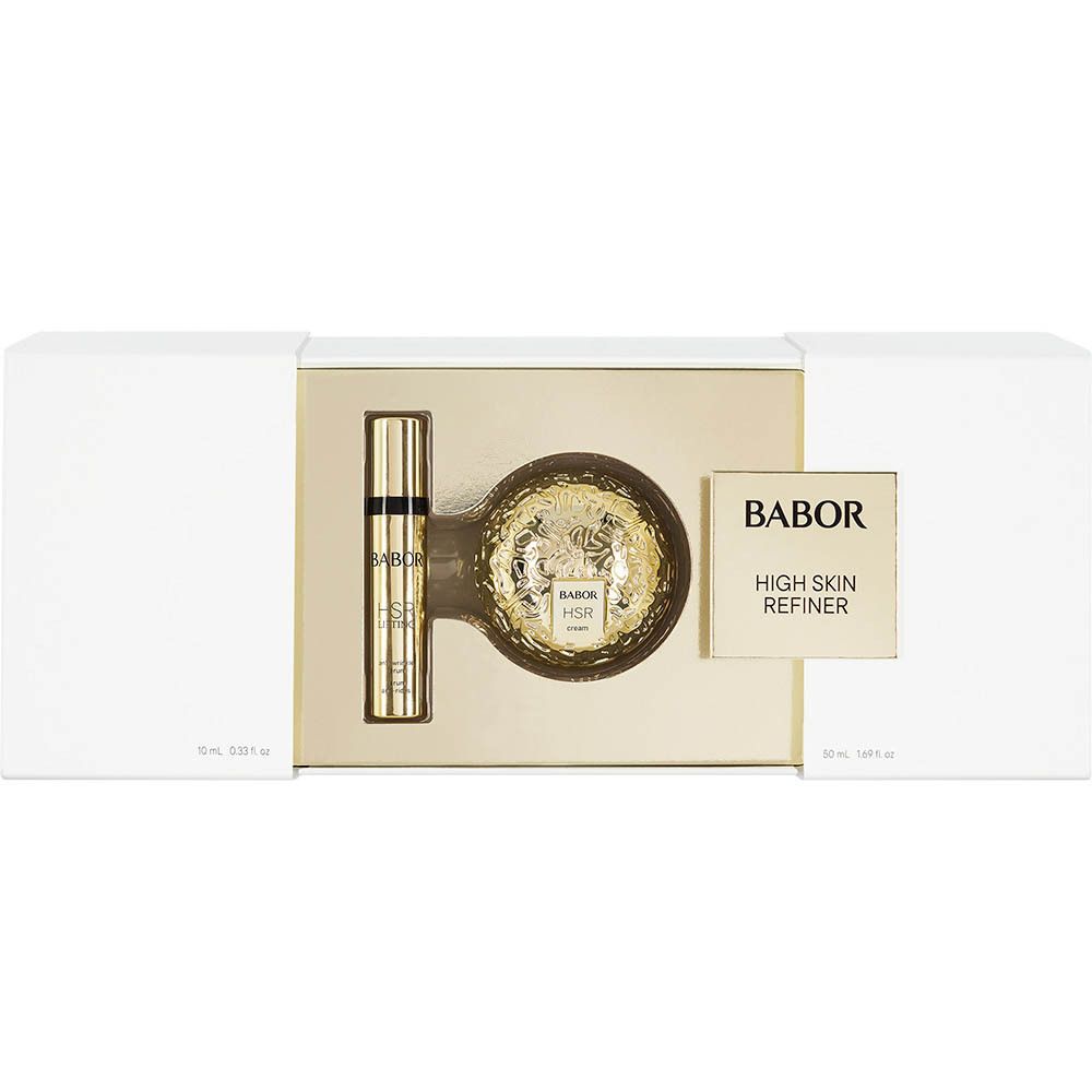 Geschenkverpakking met producten. Bevat twee flesjes en een ronde pot. Opschrift: BABOR HIGH SKIN REFINER.