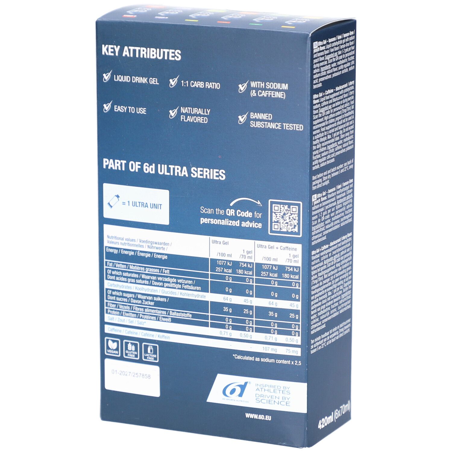 Dos de la boîte bleue foncée. Contient du texte et des informations nutritionnelles. Série 6d Ultra. 420ml (6x70ml).