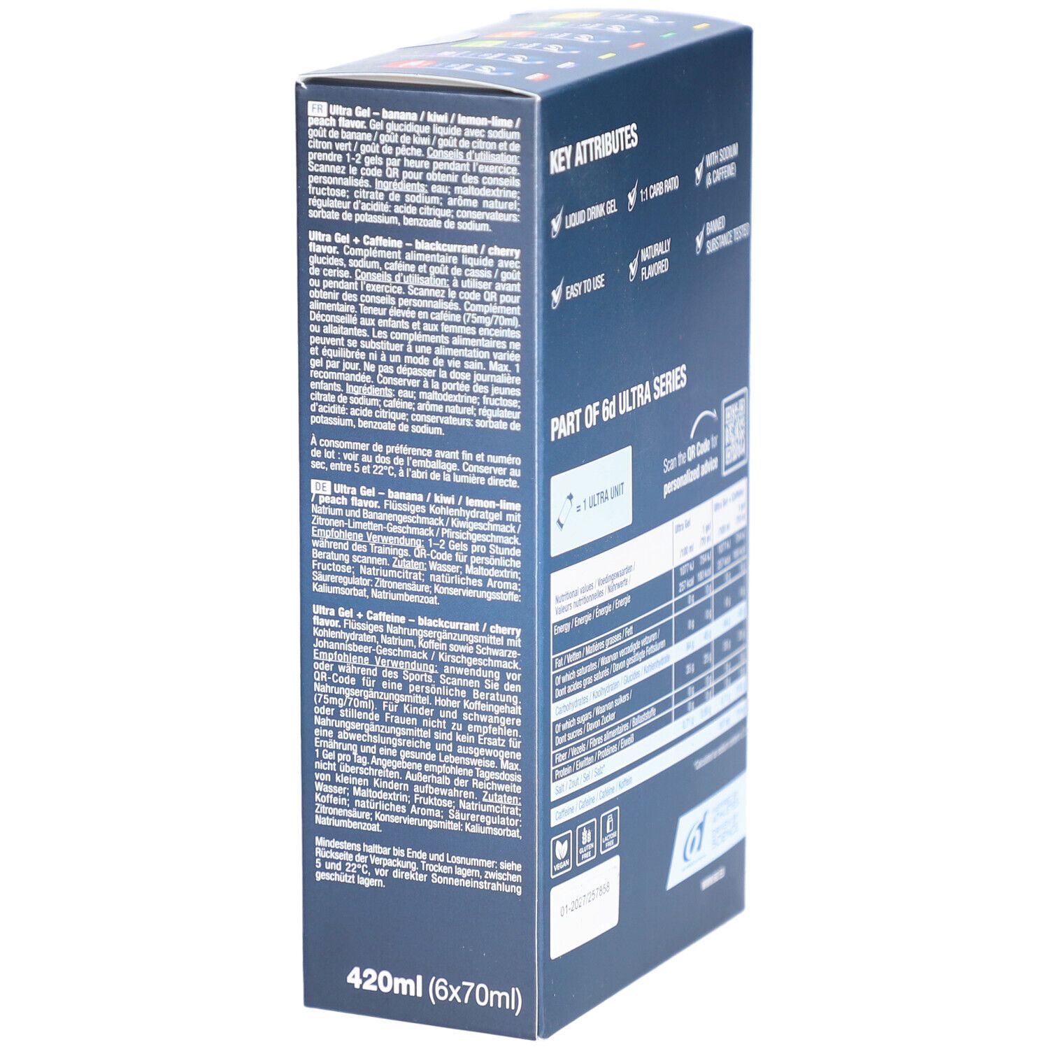 Dos de la boîte bleue foncée. Contient du texte et des informations nutritionnelles. Série 6d Ultra. 420ml (6x70ml).
