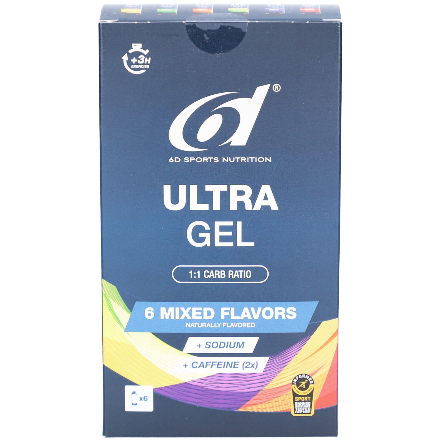 Boîte bleue foncée avec logo 6d et texte Ultra Gel. Contient 6 saveurs mixtes. 420ml (6x70ml).