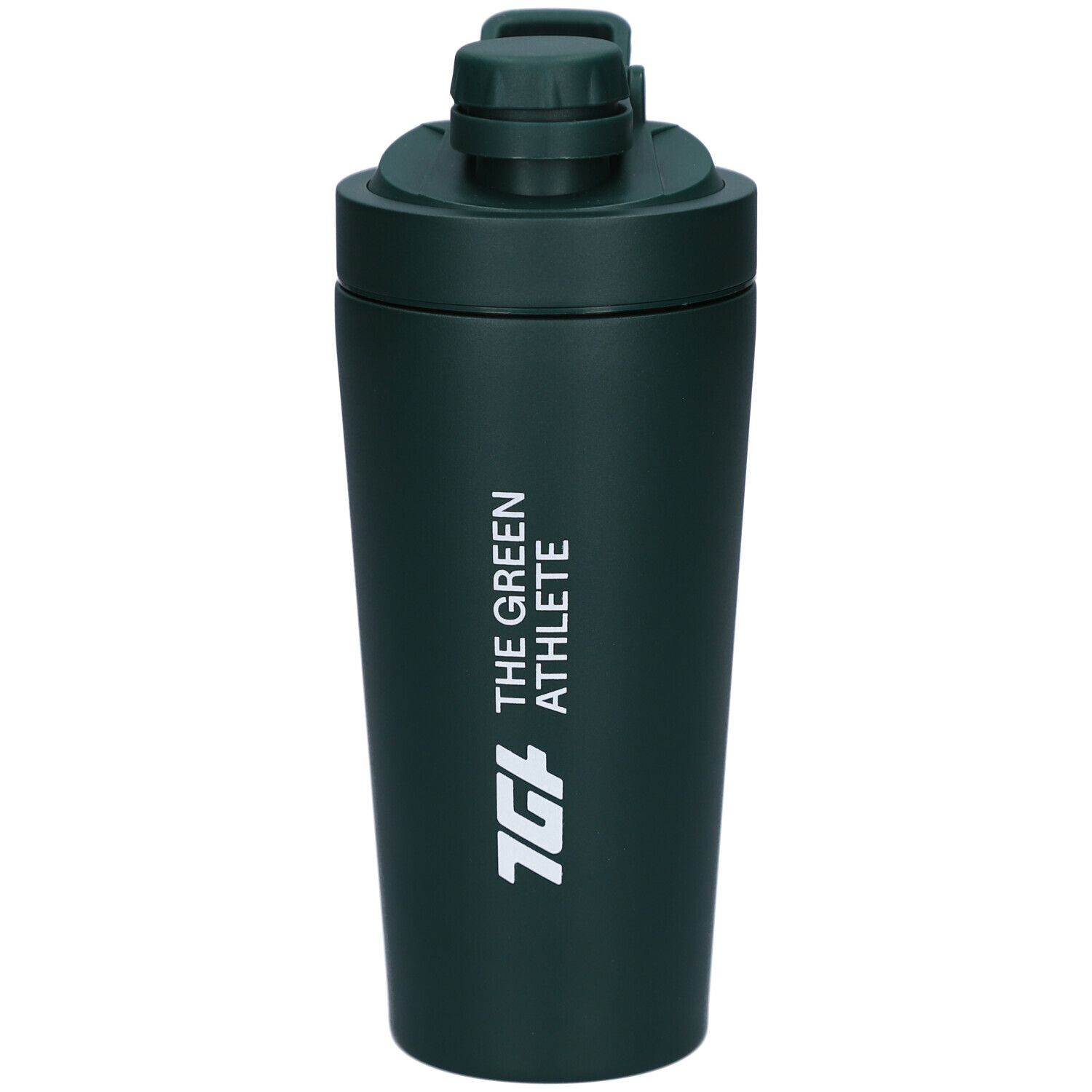 Shaker vert foncé avec couvercle et embout. Logo et texte "THE GREEN ATHLETE" en blanc.