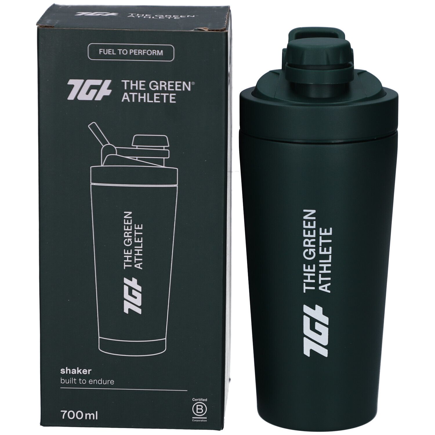 Shaker vert foncé à côté d'un emballage. Emballage avec image du shaker et logo "THE GREEN ATHLETE".