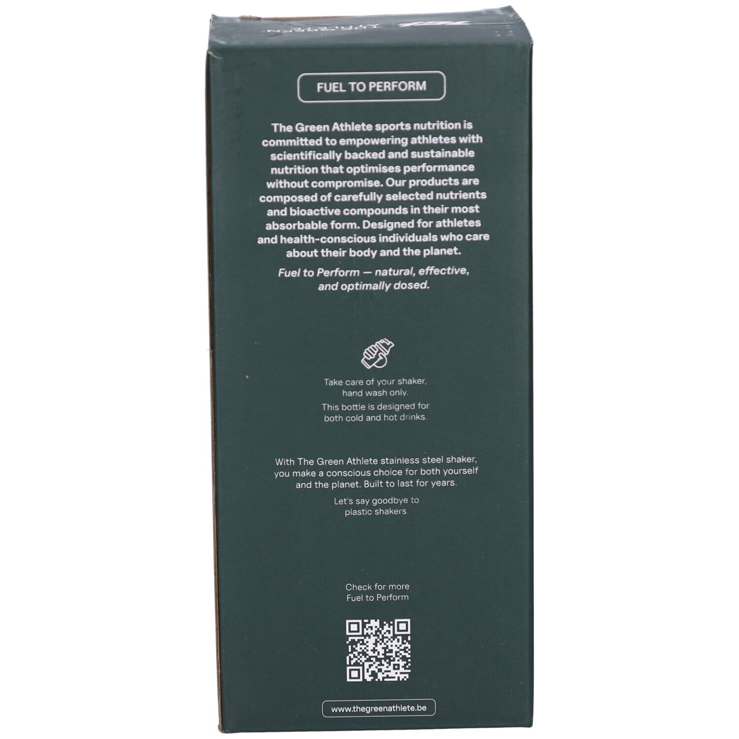 Emballage avec texte sur la philosophie du produit. Code QR et texte : "www.thegreenathlete.be".
