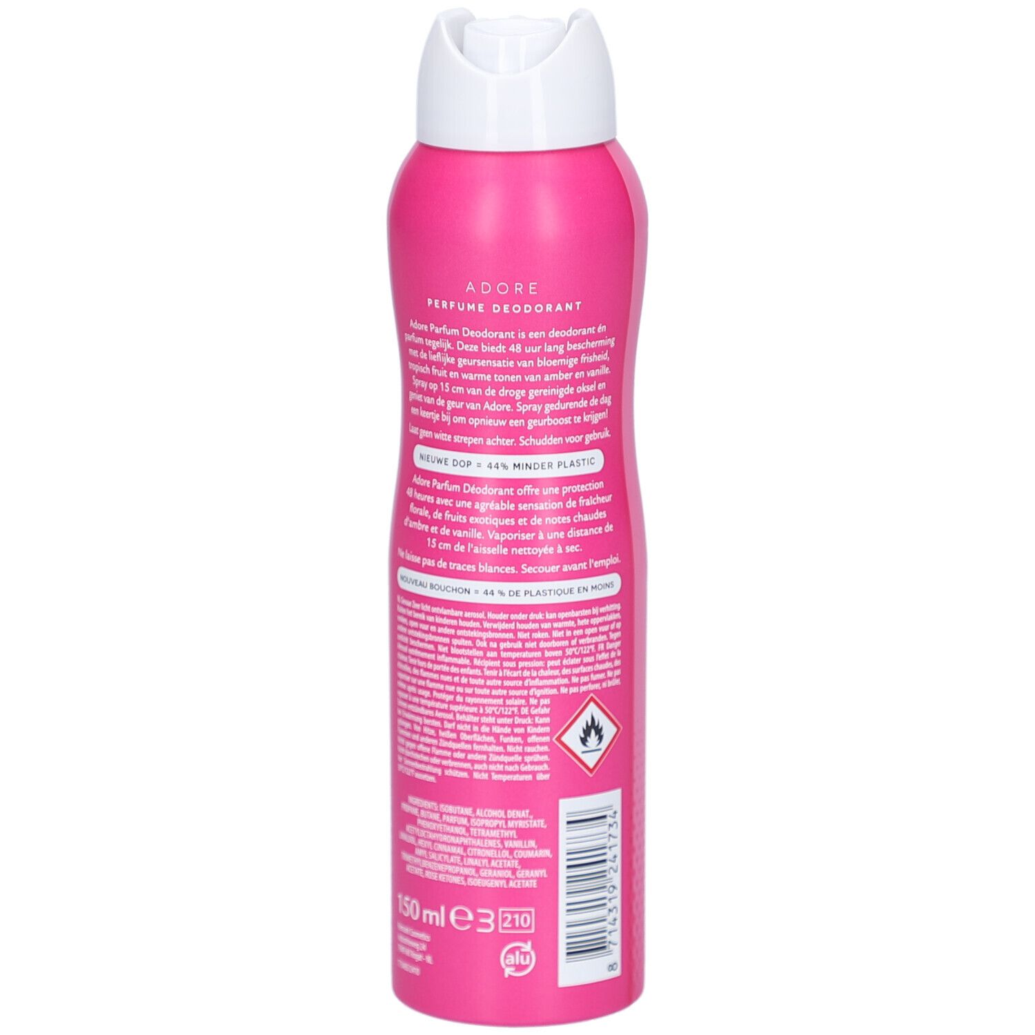 Bombe de déodorant rose, dos. Texte multilingue. Inscription: ADORE Parfum Deodorant. Bouchon blanc. 150 ml.