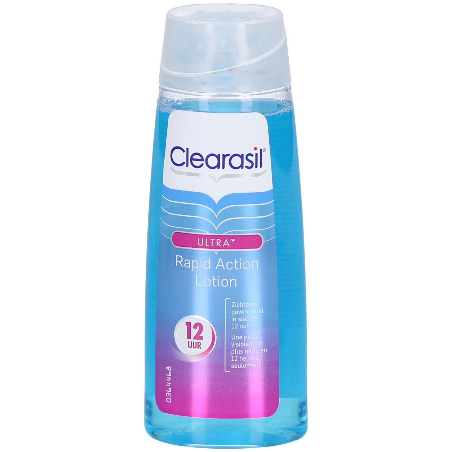 Flacon de lotion bleue. Inscription: Clearasil Ultra Rapid Action Lotion. Symbole 12 heures.
