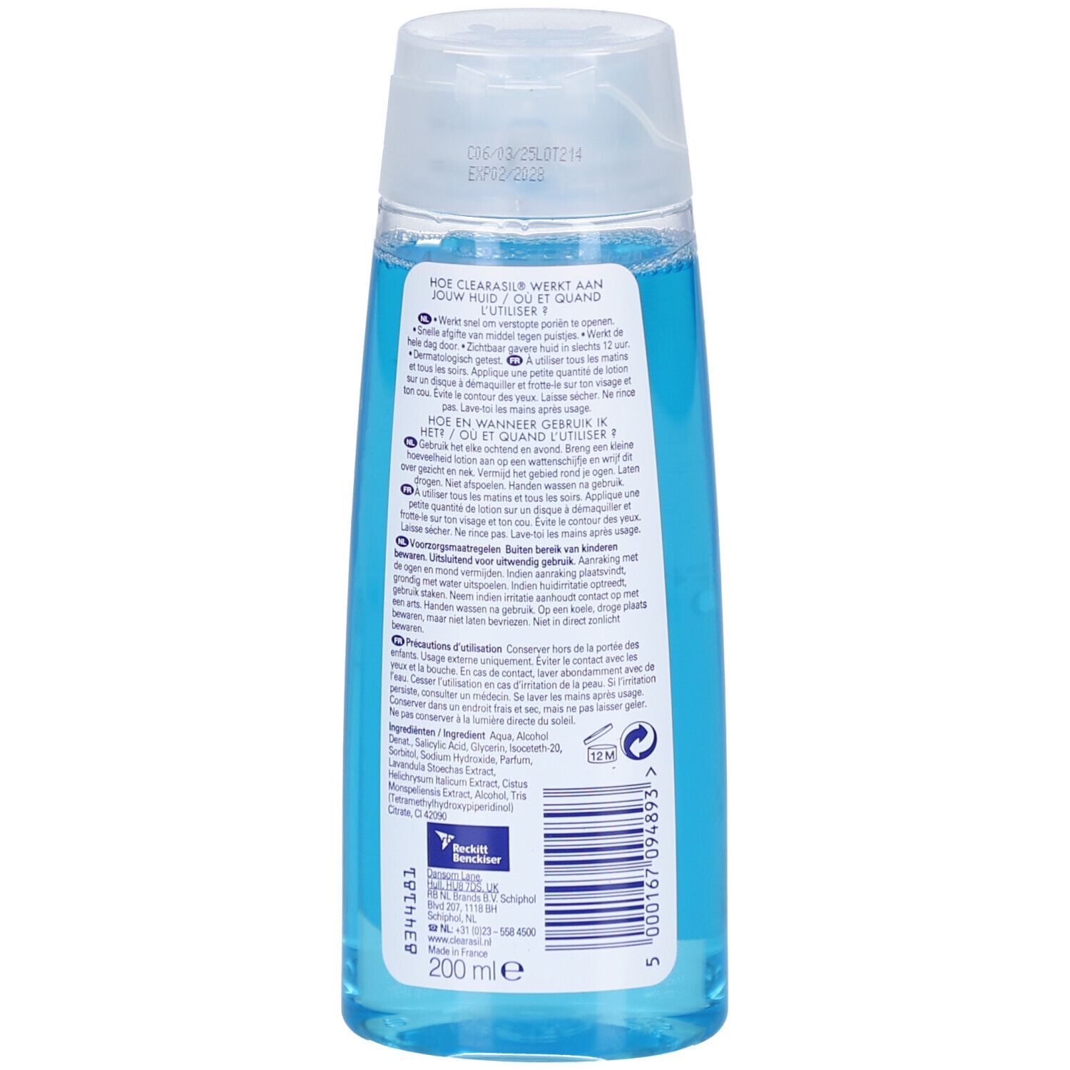 Dos d'un flacon de liquide bleu. Texte multilingue. Volume : 200 ml.