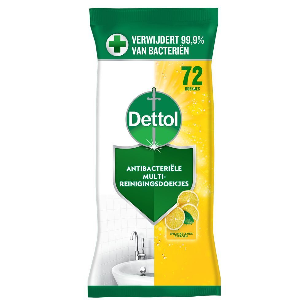 Dettol Antibacteriële doekjes. 72 stuks. Sprankelende Citroen. 10x reinigingskracht. Gele verpakking.