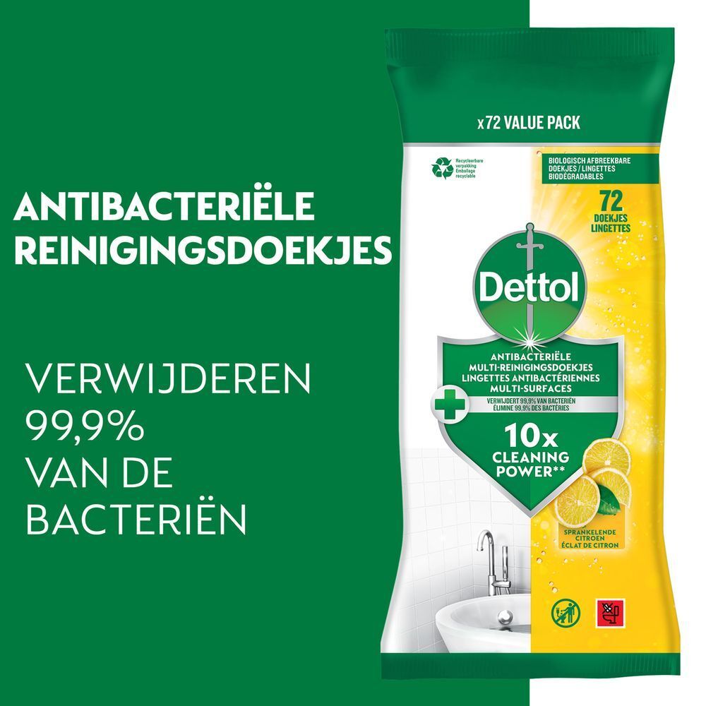 Antibacteriële reinigingsdoekjes. Verwijdert 99,9% van de bacteriën. 72 stuks. Dettol-logo.
