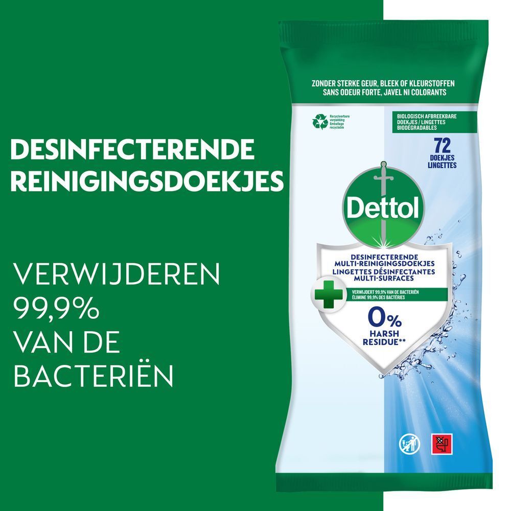Desinfecterende reinigingsdoekjes. Verwijdert 99,9% van de bacteriën. 72 stuks. Dettol-logo.