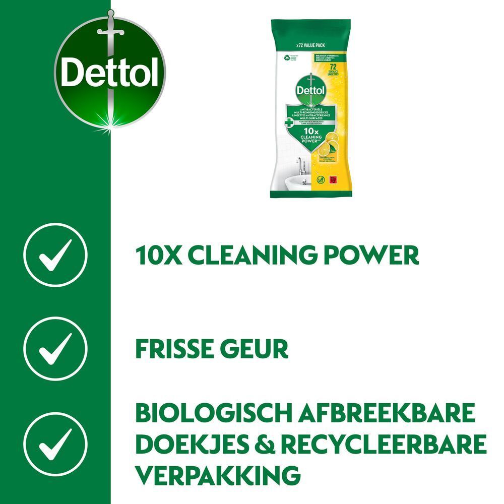 Dettol doekjes. 10x reinigingskracht. Frisse geur. Biologisch afbreekbaar. Recyclebare verpakking.
