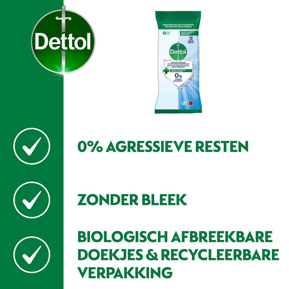 Dettol doekjes. 0% agressieve resten. Zonder bleek. Biologisch afbreekbaar. Recyclebare verpakking.