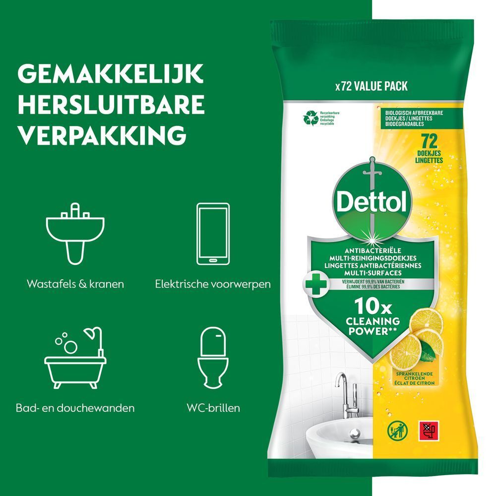 Gemakkelijk hersluitbare verpakking. 72 doekjes. Dettol-logo. Voor wastafels, toiletten, etc.