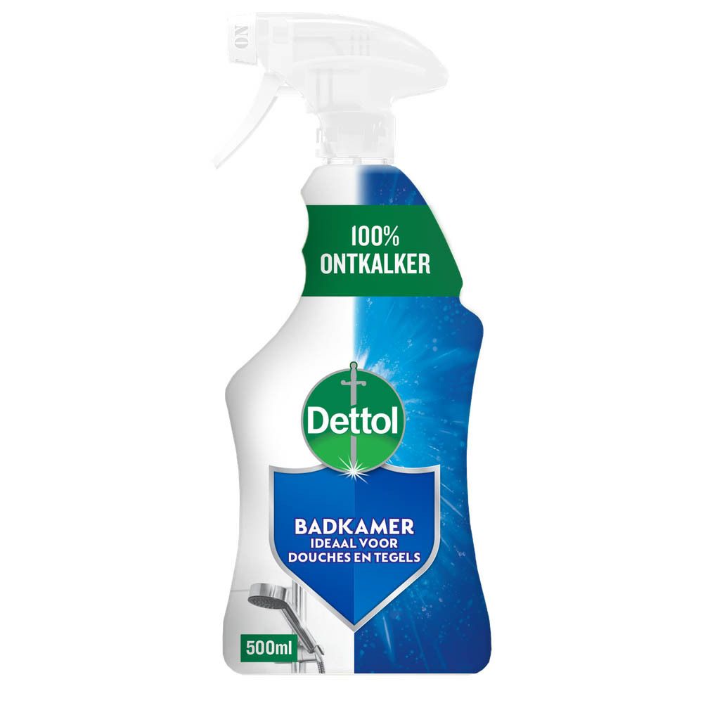 Flacon pulvérisateur blanc et bleu. Logo Dettol et '100% Ontkalker'.