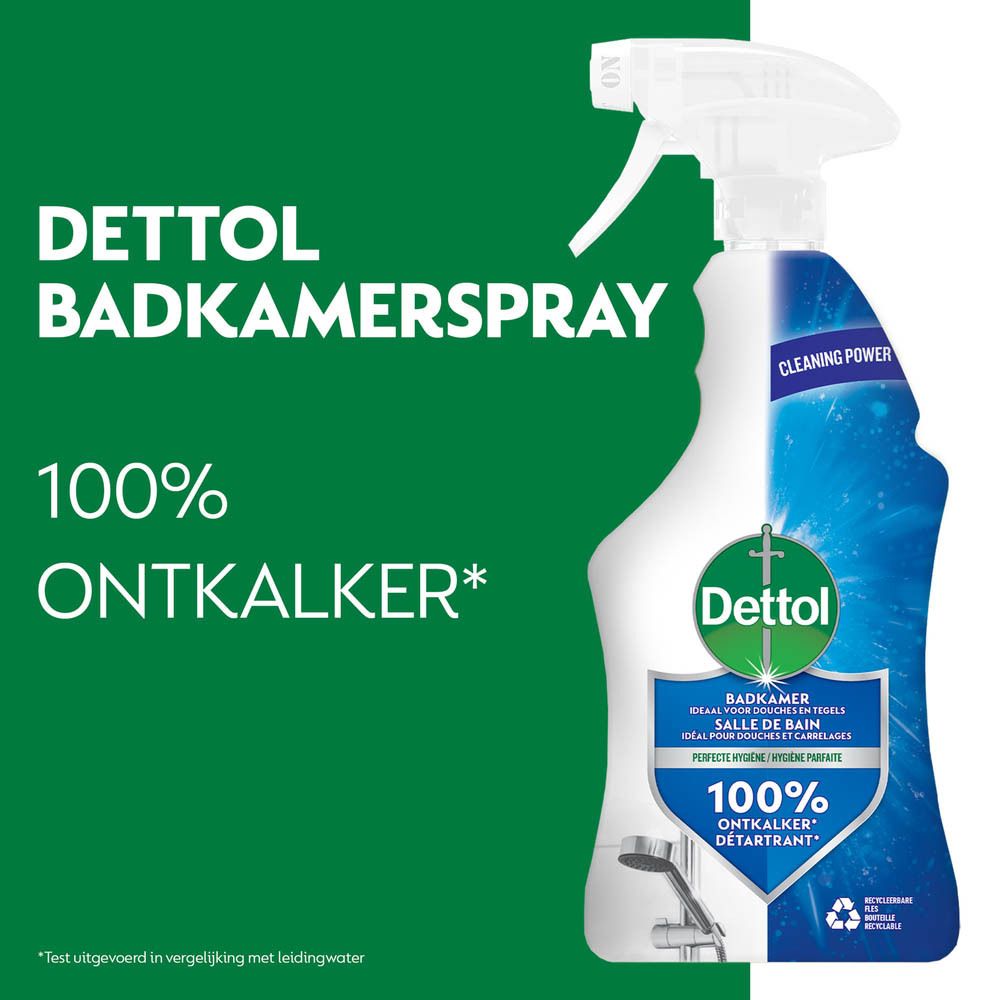 Dettol product met tekst 'Badkamerspray' en '100% Ontkalker'.
