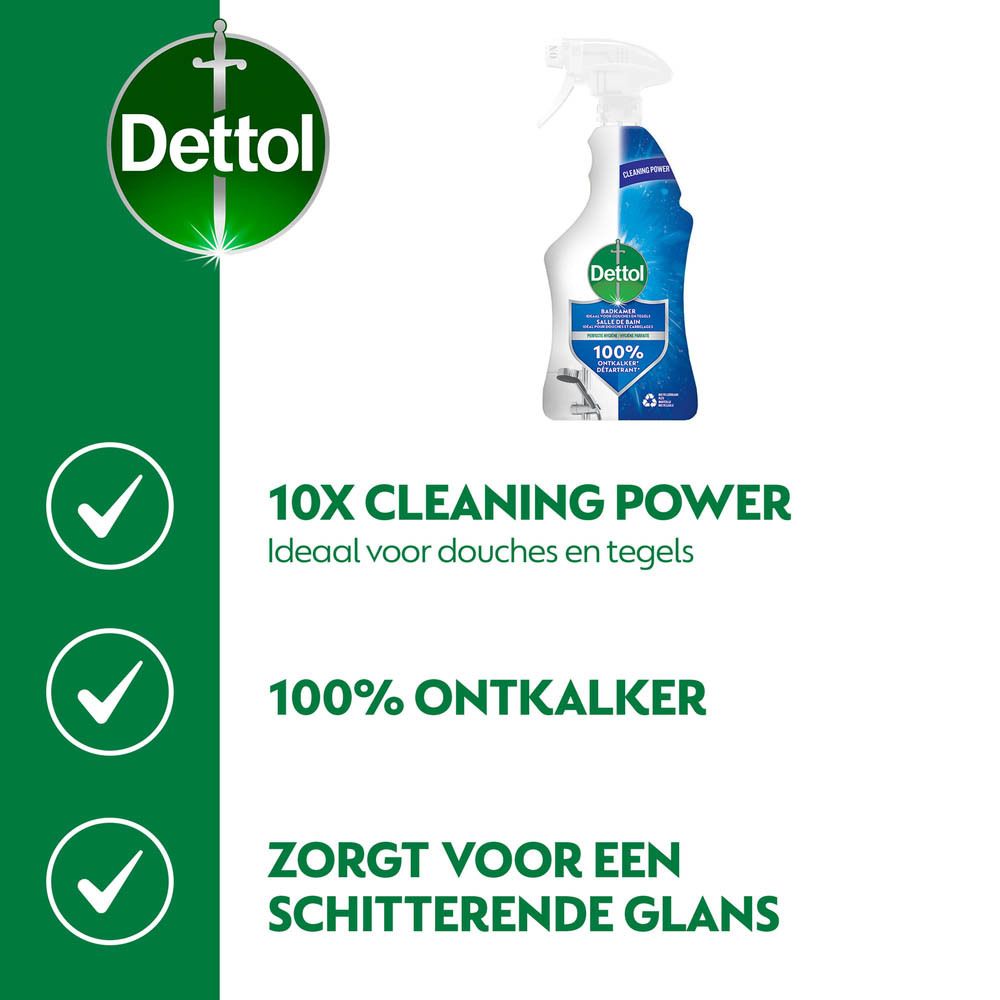 Afbeelding met Dettol product en tekst: '10X Cleaning Power', '100% Ontkalker'.