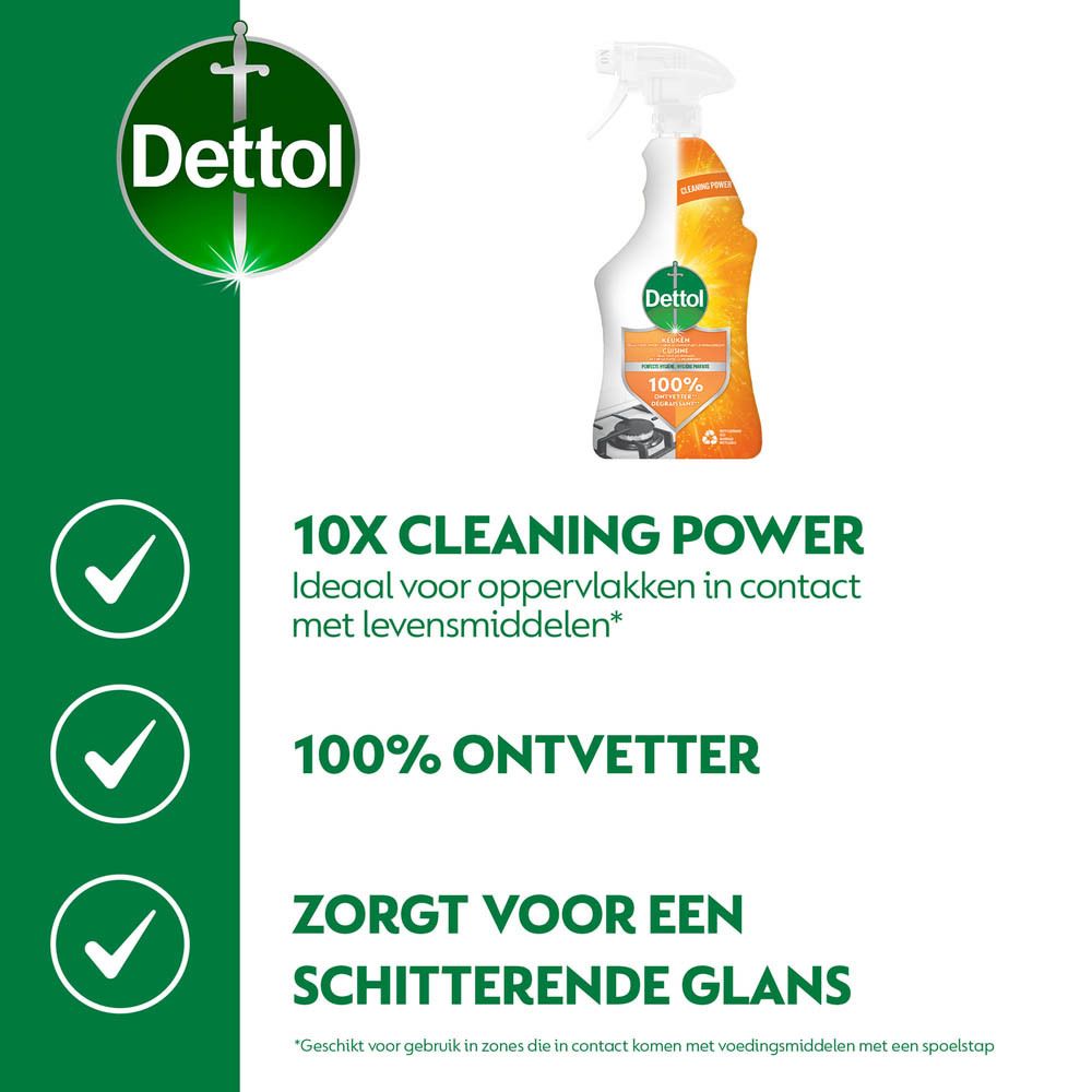 Reinigingssprayfles met sproeikop. Merk Dettol, opschrift 'Keuken' en 'Cuisine'. Oranje design.