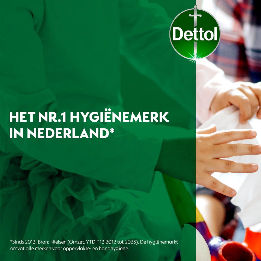 Vergelijking van twee reinigingssprayflessen. Merk Dettol, opschrift 'Keuken' en 'Cuisine'. Oranje design.