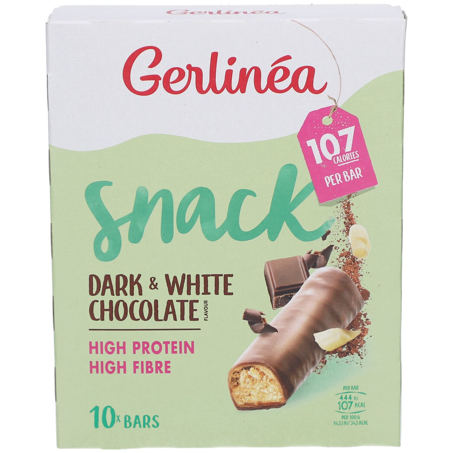 Gerlinéa Snack doos, 10 repen. Donkere & witte chocolade, hoog eiwit- en vezelgehalte. 107 calorieën per reep.