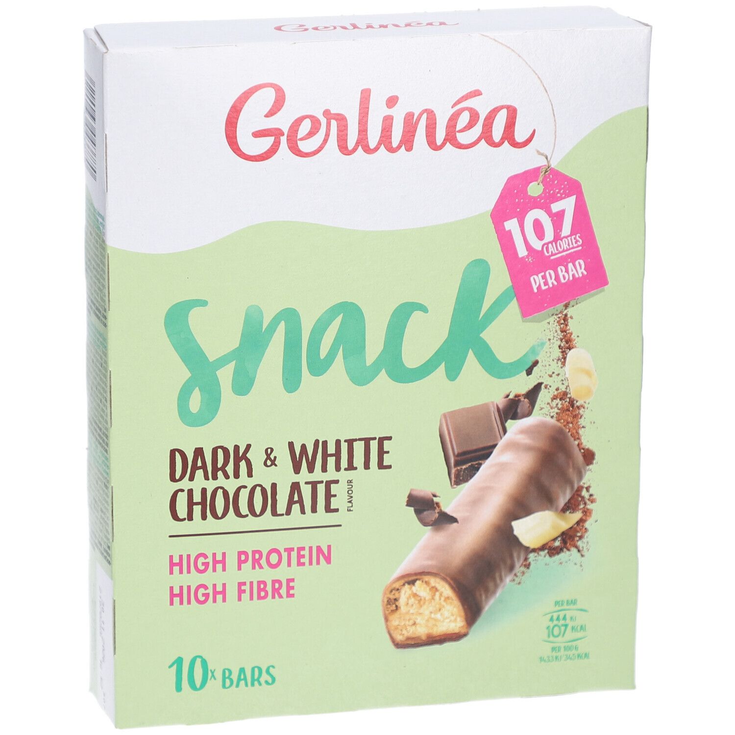 Gerlinéa Snack doos, 10 repen. Donkere & witte chocolade, hoog eiwit- en vezelgehalte. 107 calorieën per reep.