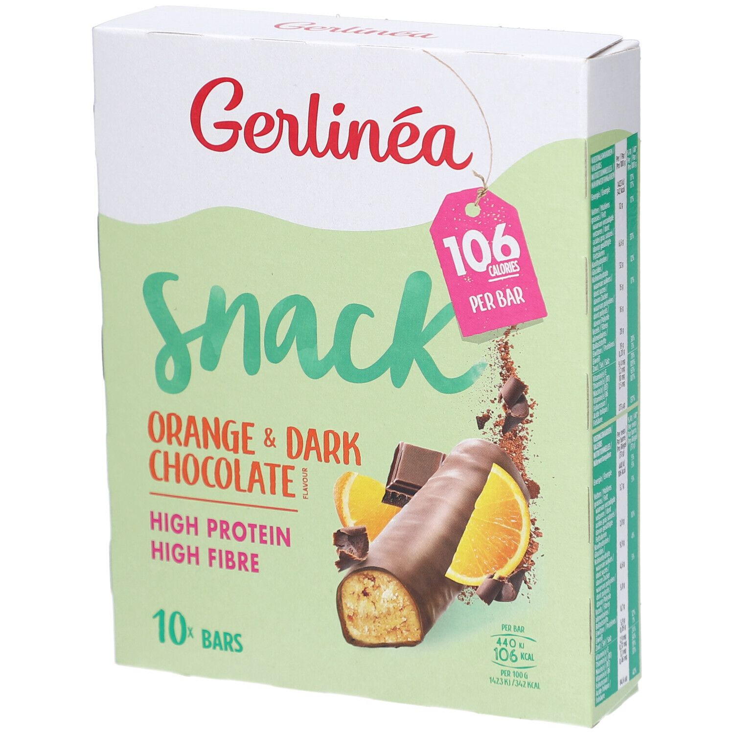Verpakking Gerlinéa Snack Orange & Dark Chocolate. 10 repen. 106 calorieën per reep. Rijk aan eiwitten en vezels.