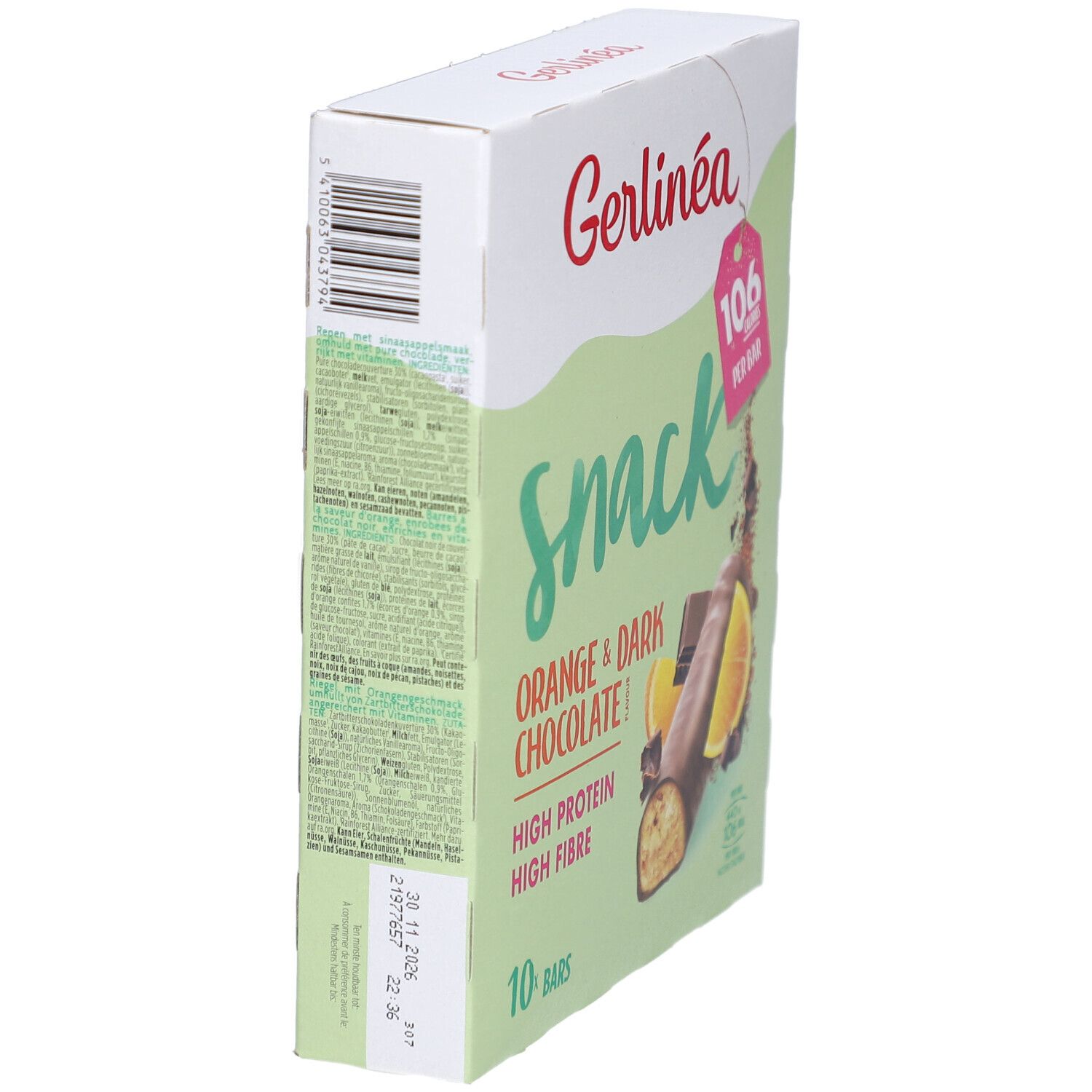 Zijaanzicht van de verpakking Gerlinéa Snack. Streepjescode en tekst. 106 calorieën per reep. Orange & Dark Chocolate.