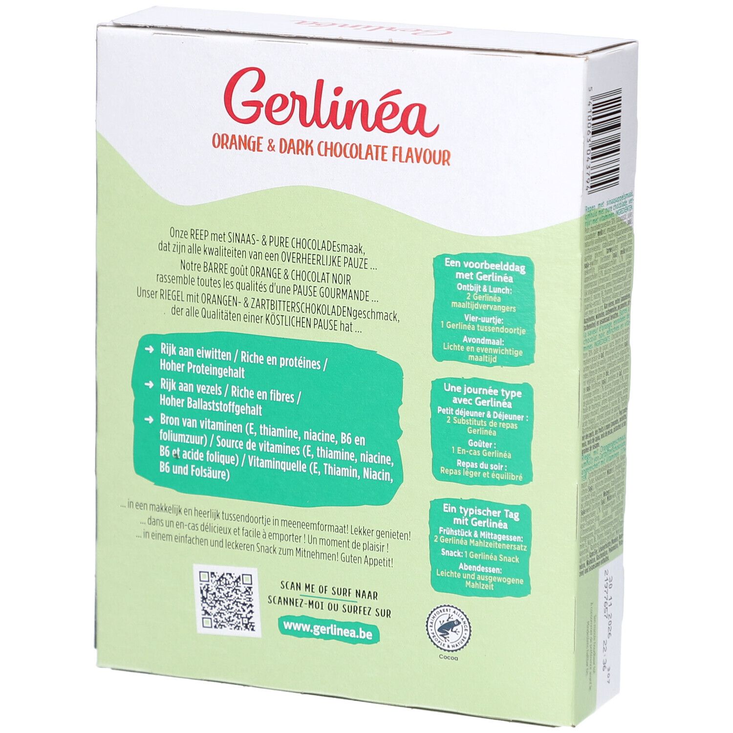Achterkant van de verpakking Gerlinéa Snack Orange & Dark Chocolate. Meertalige tekst. Voedingsinformatie.