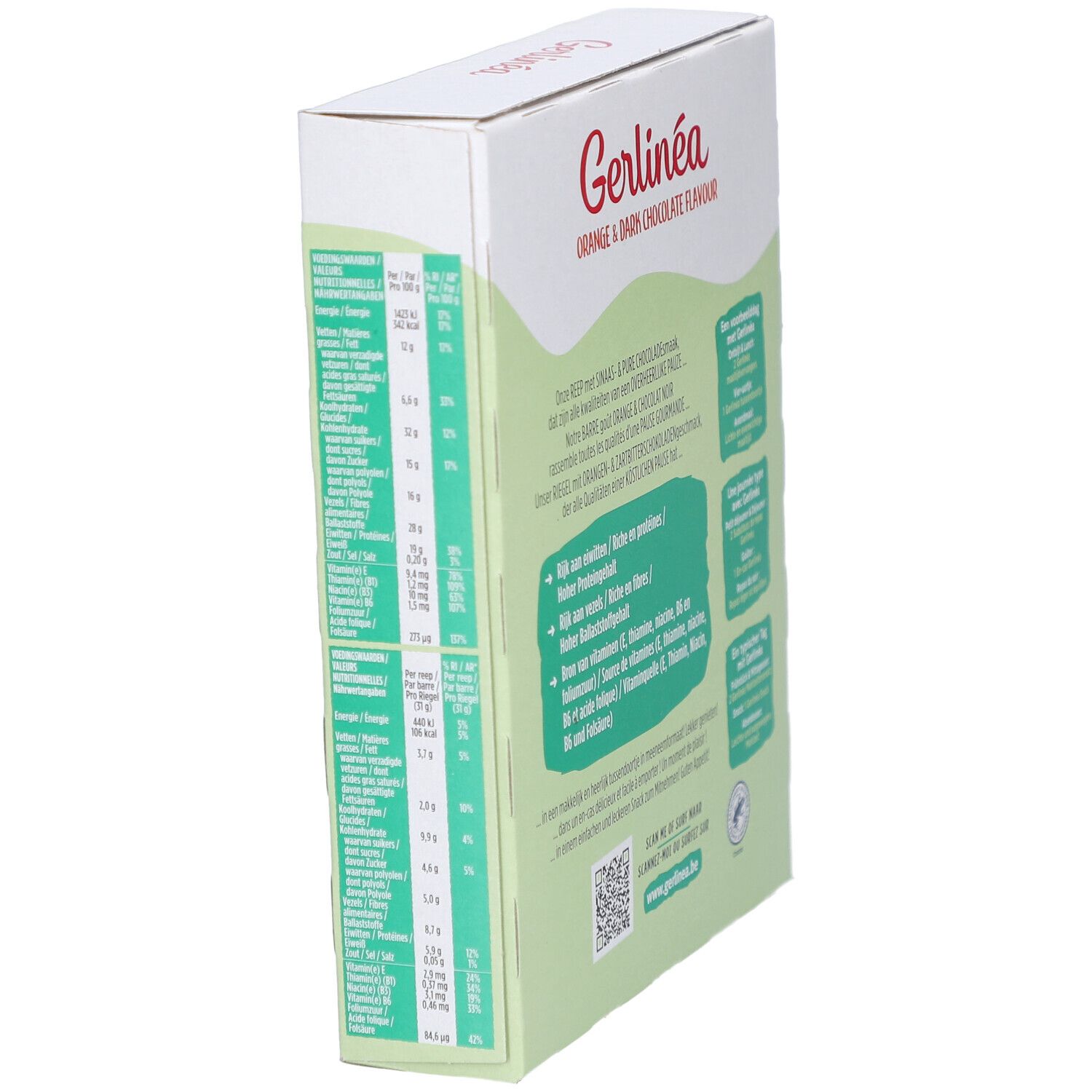Zijaanzicht van de verpakking Gerlinéa Snack. Voedingsinformatie en tekst. Orange & Dark Chocolate.