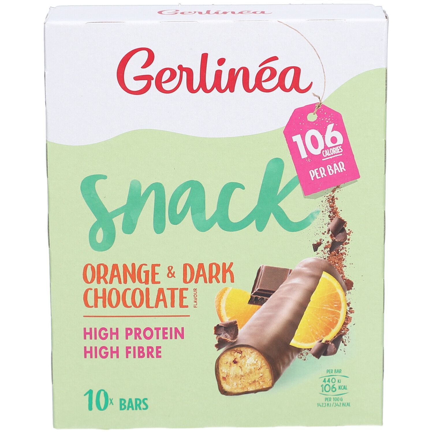 Verpakking Gerlinéa Snack Orange & Dark Chocolate. 10 repen. 106 calorieën per reep. Rijk aan eiwitten en vezels.
