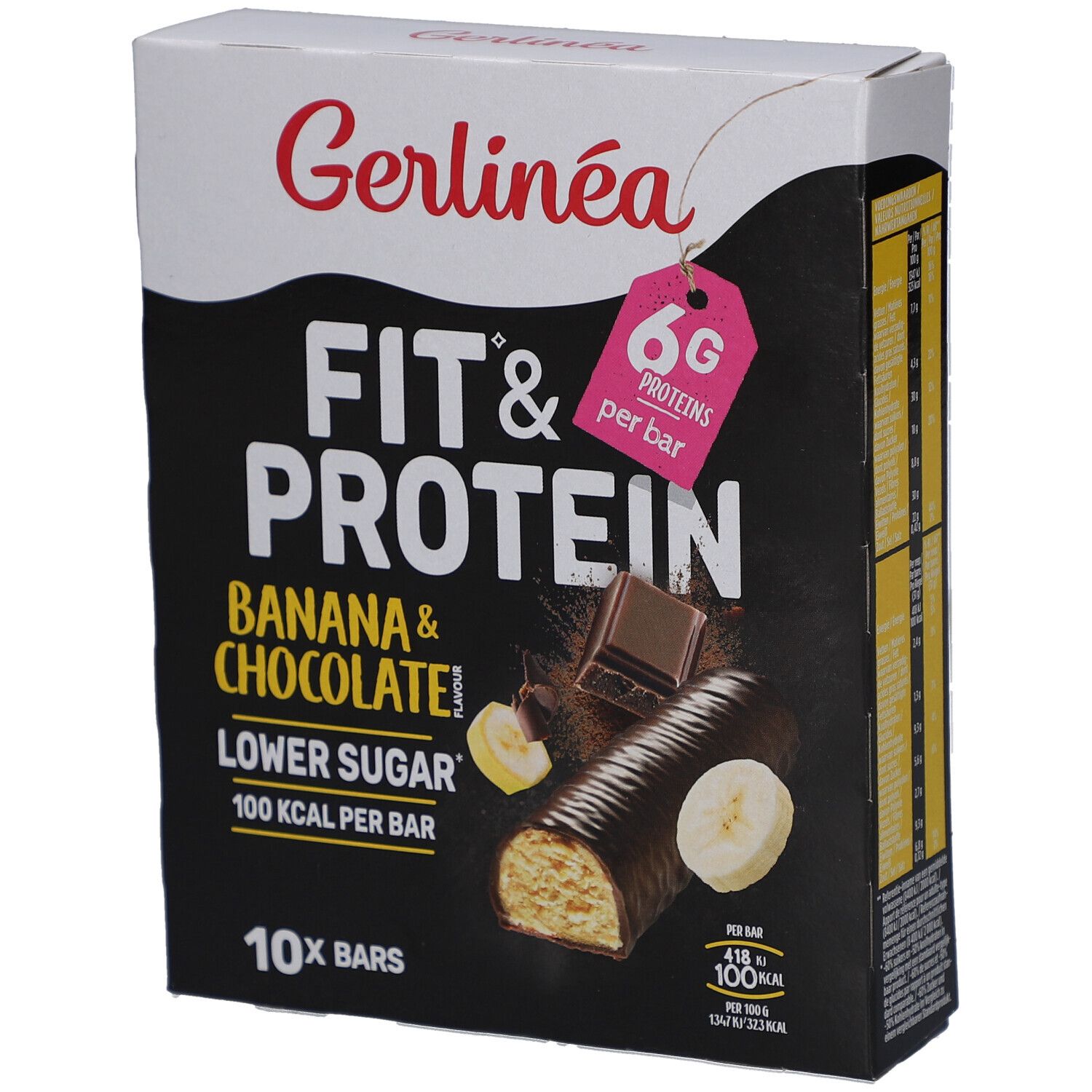 Boîte Gerlinéa Fit & Protein Banane & Chocolat. 6g protéines par barre. 10 barres. Faible teneur en sucre. 100 kcal par barre.