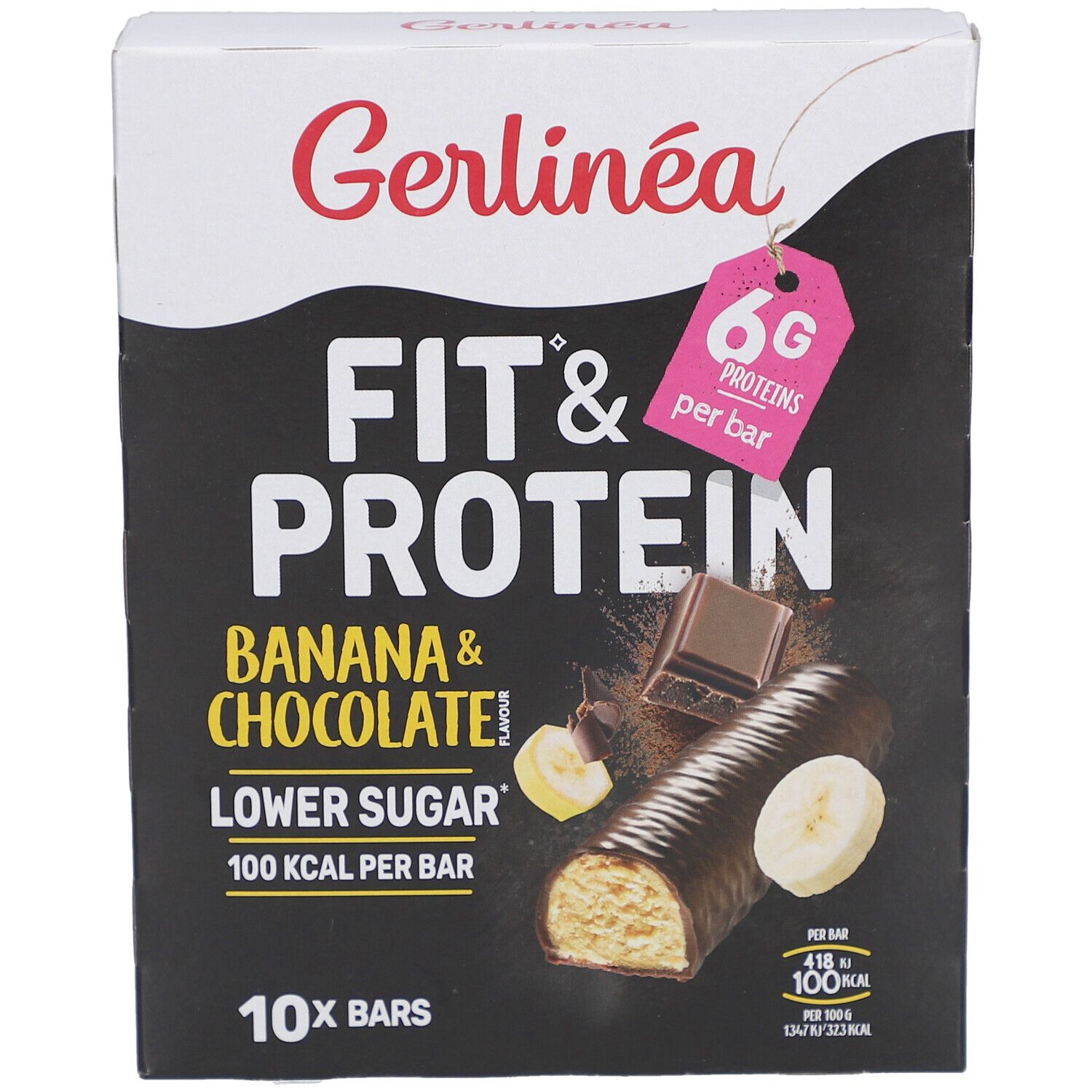 Boîte Gerlinéa Fit & Protein Banane & Chocolat. 6g protéines par barre. 10 barres. 100 kcal par barre.