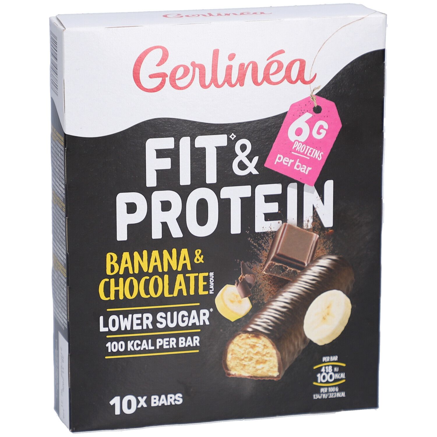 Boîte Gerlinéa Fit & Protein Banane & Chocolat. 6g protéines par barre. 10 barres. 100 kcal par barre.