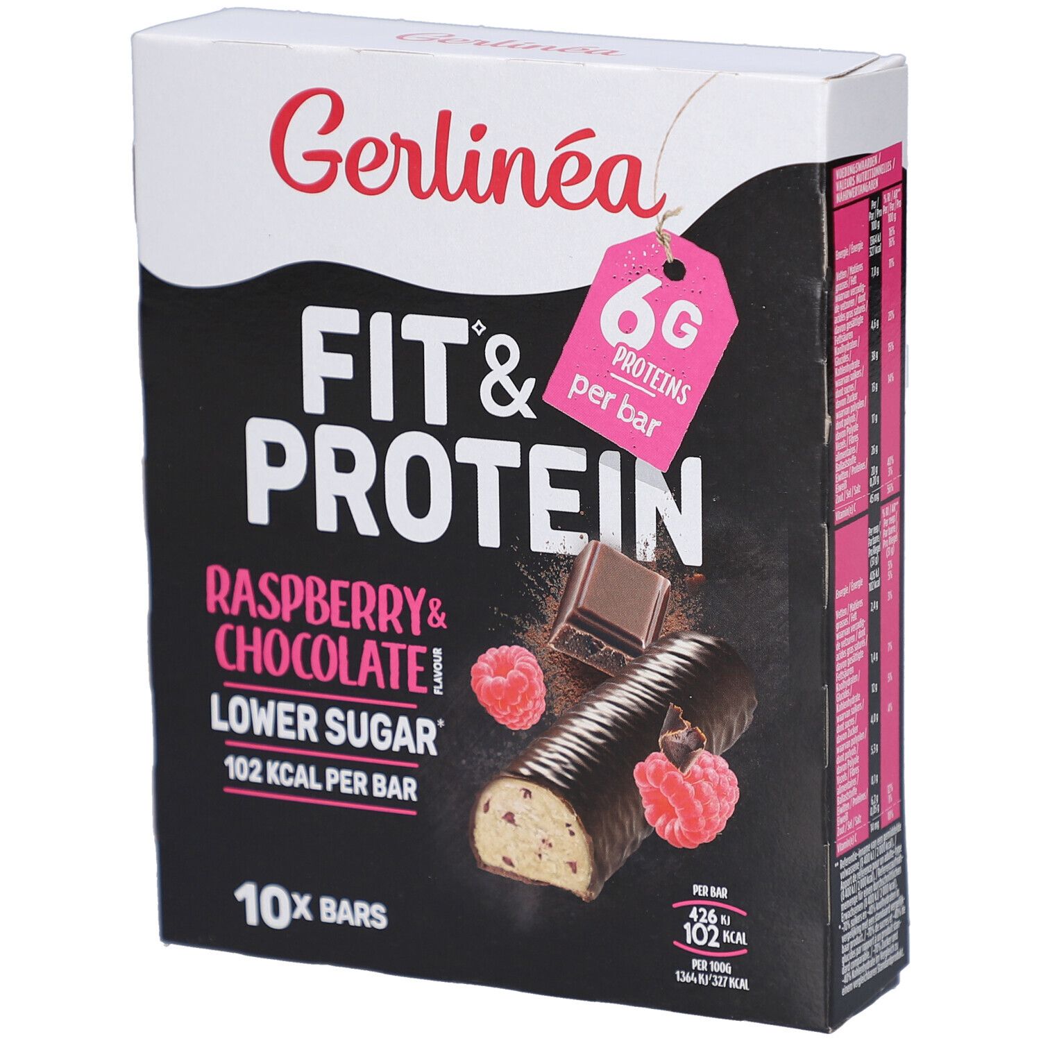 Verpakking Gerlinéa Fit & Protein Framboos & Chocolade repen. 10 repen. 6g eiwit per reep. 102 kcal per reep.