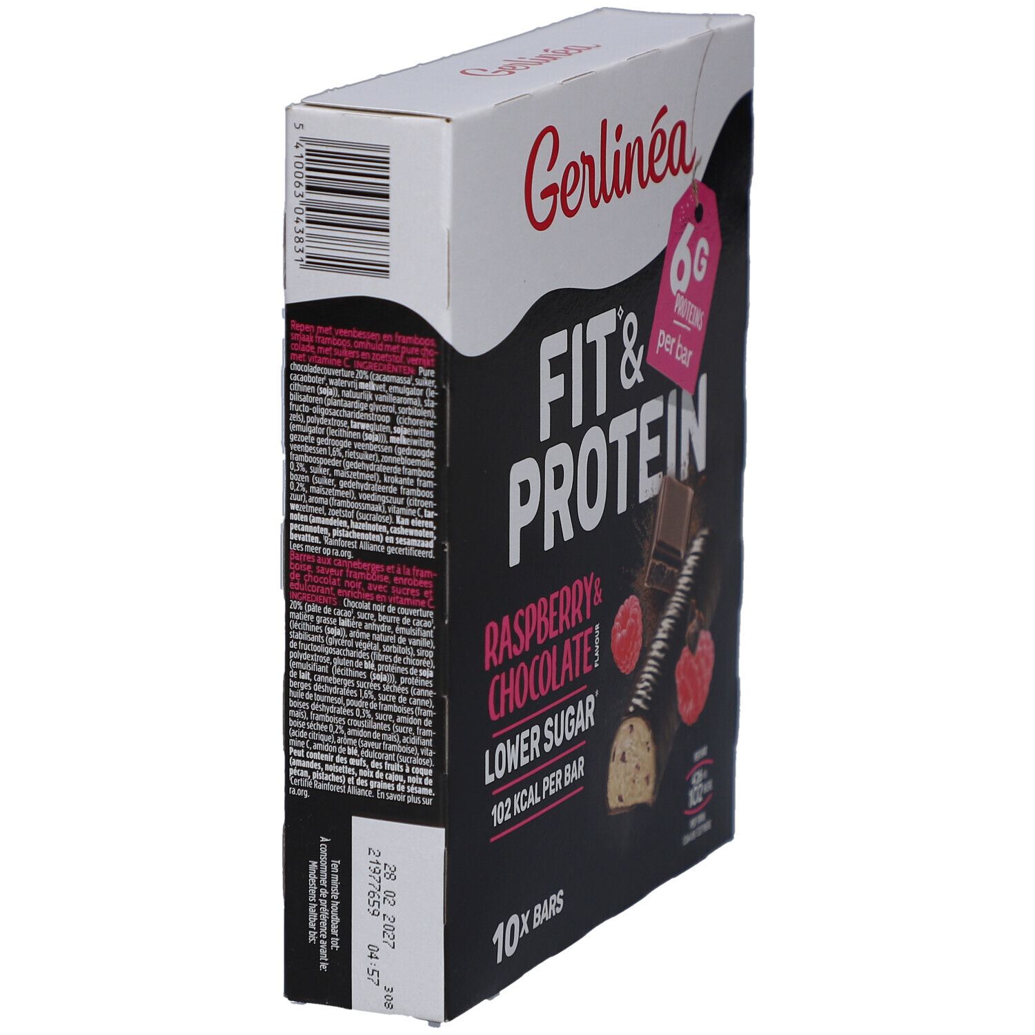 Gerlinéa Fit & Protein Framboos & Chocolade reep verpakking, zijaanzicht. 10 repen. 6g eiwit. 102 kcal.