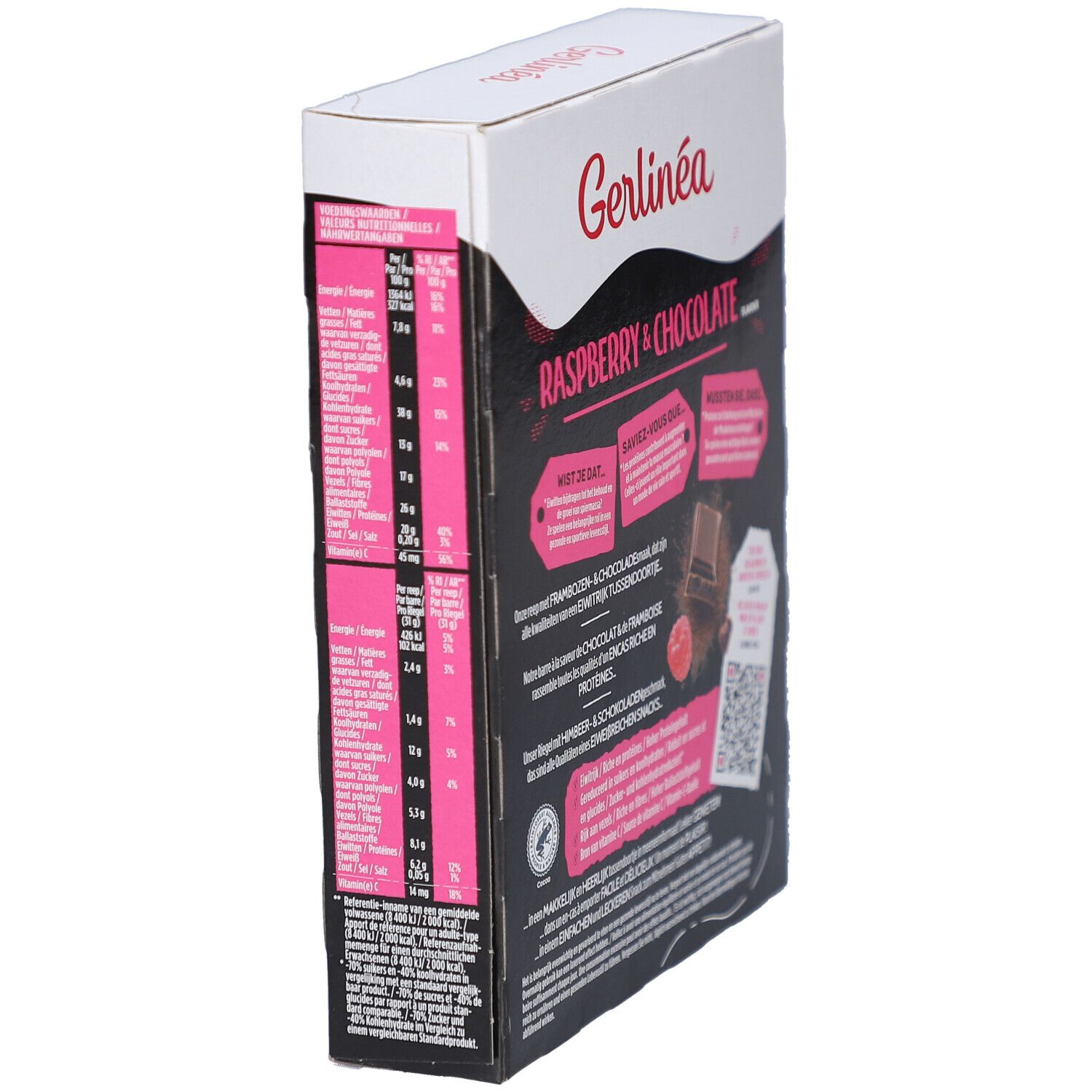Gerlinéa Fit & Protein Framboos & Chocolade reep verpakking, zijaanzicht. Voedingsinformatie en tekst.