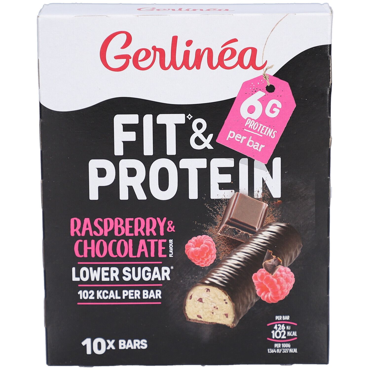 Verpakking Gerlinéa Fit & Protein Framboos & Chocolade repen. 10 repen. 6g eiwit per reep. 102 kcal per reep.