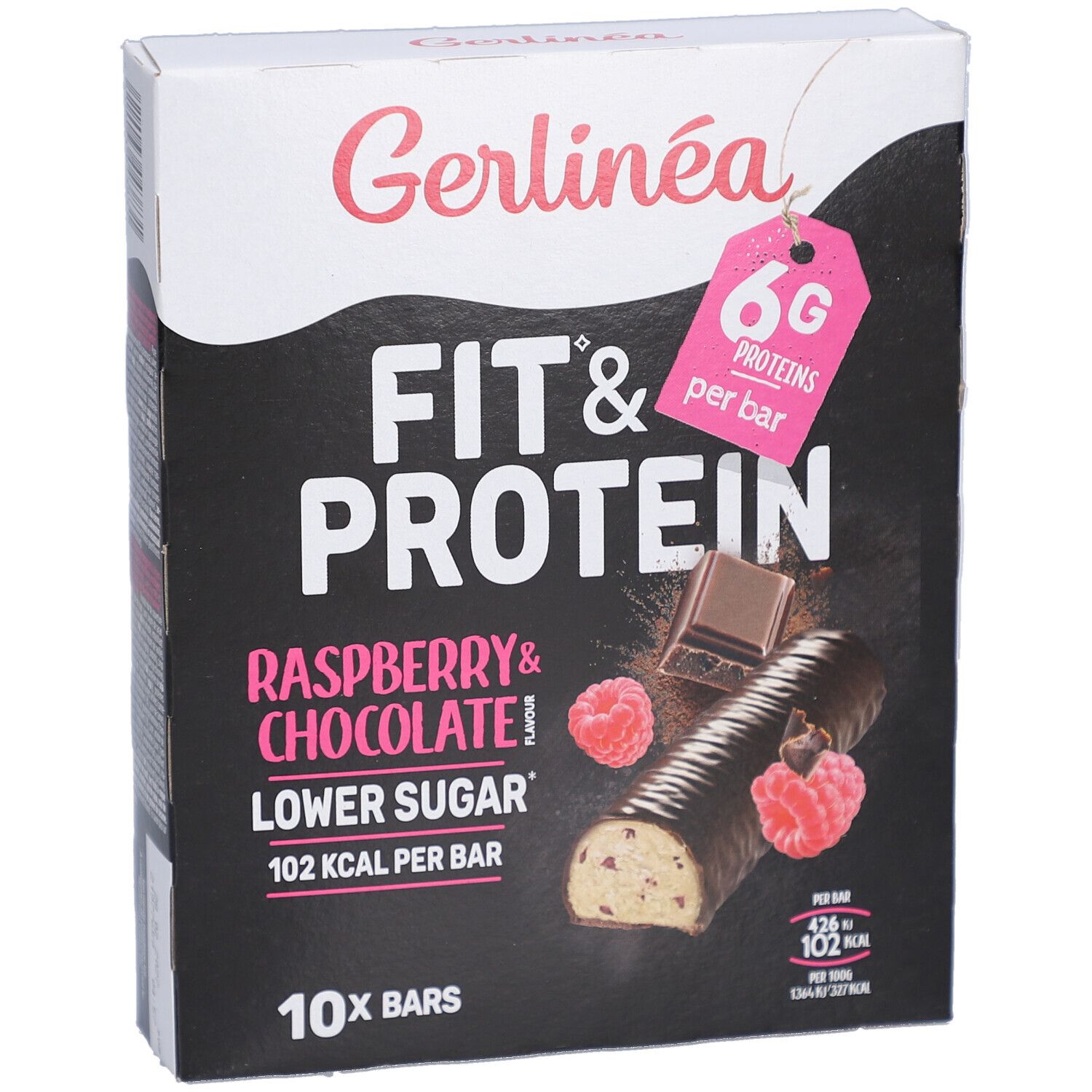 Verpakking Gerlinéa Fit & Protein Framboos & Chocolade repen. 10 repen. 6g eiwit per reep. 102 kcal per reep.