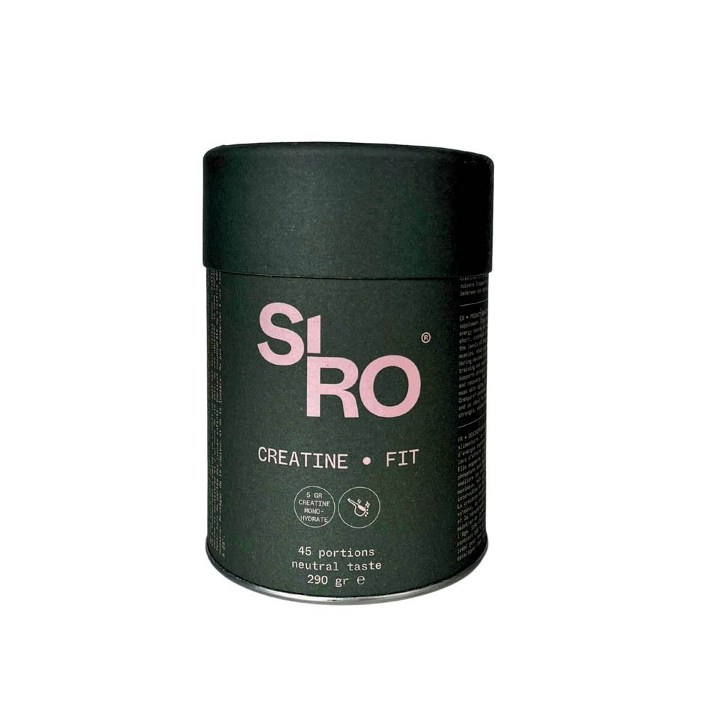 Cilindrische pot SiRo Creatine Fit. Groen met roze tekst. Bevat 45 porties, neutrale smaak, 290 g.