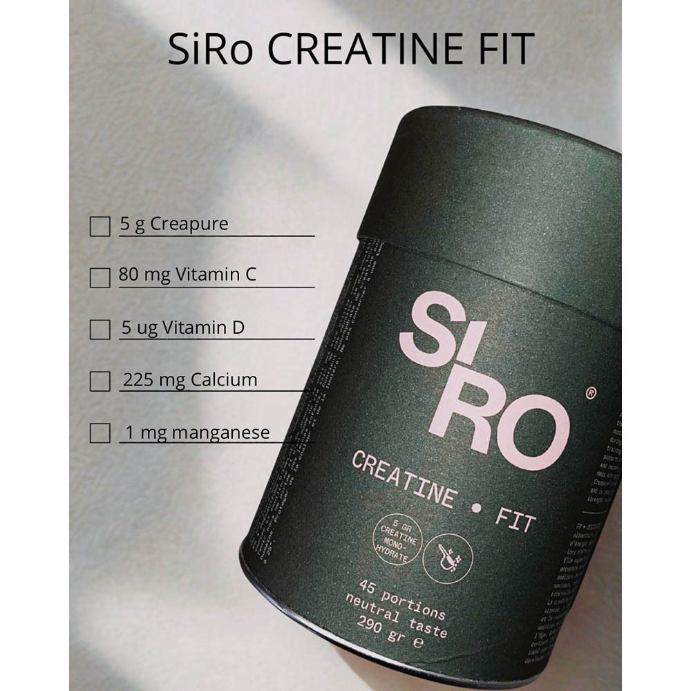 Boîte SiRo Creatine Fit avec informations. Contient 5 g Creapure, Vitamine C, Vitamine D, Calcium, Manganèse.
