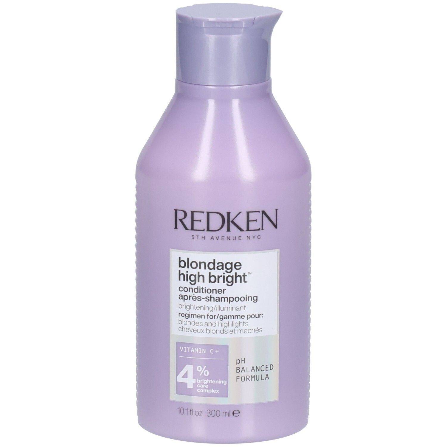 Fles Redken Blondage High Bright Conditioner. Lila product met witte tekst. Bevat vitamine C+.