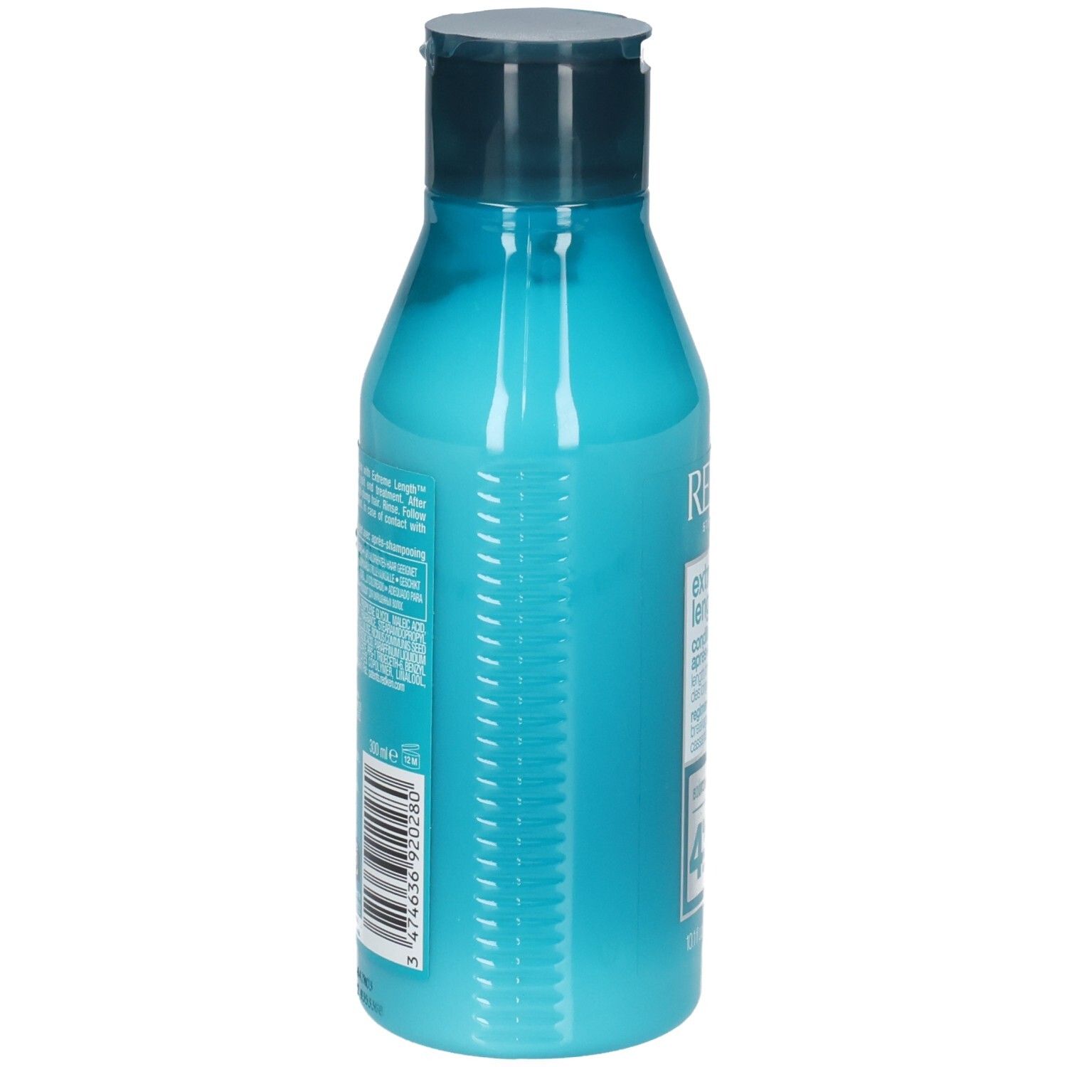 Achterkant van een turquoise fles met donkerblauwe dop. Streepjescode en tekstinformatie. Bevat REDKEN Extreme Length Conditioner.