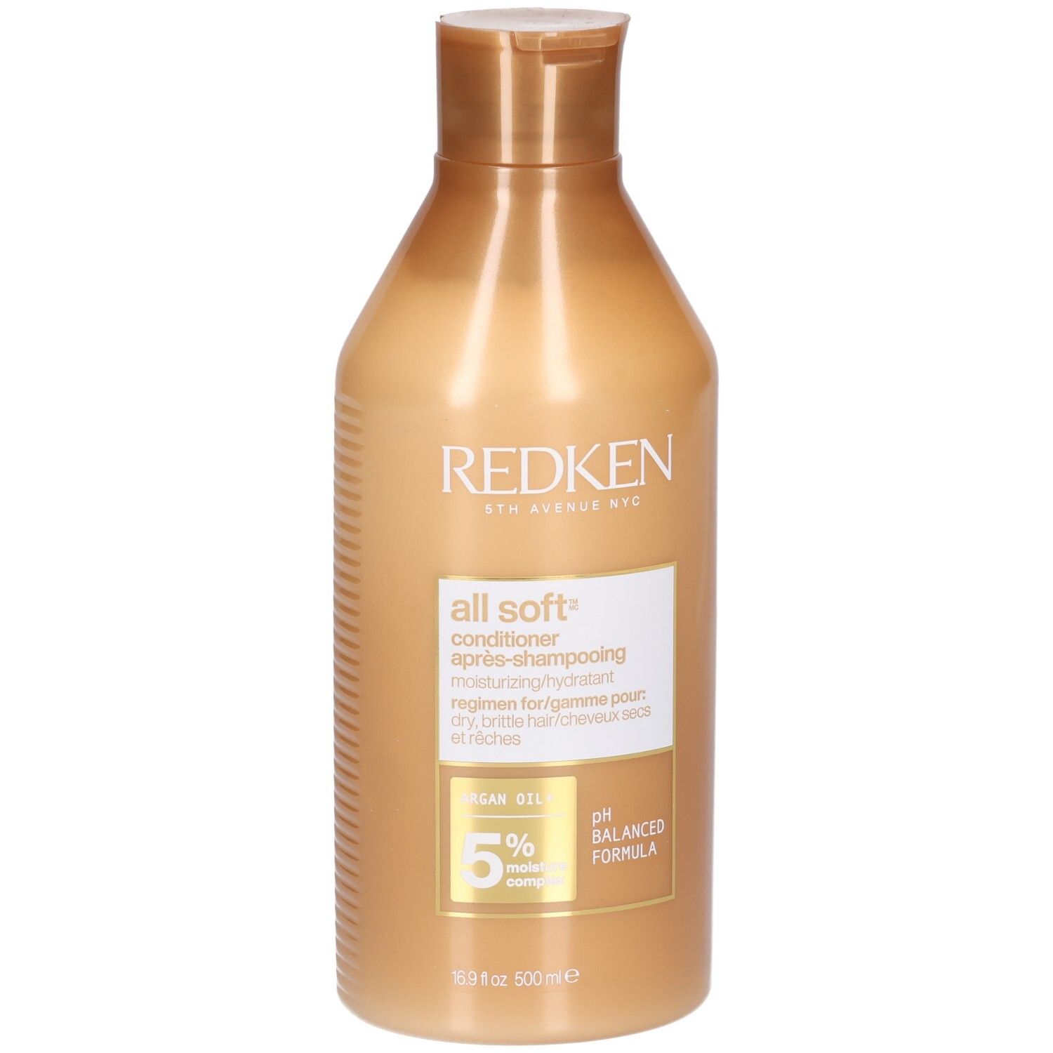 Gouden fles conditioner. Opschrift: Redken, All Soft, Conditioner, 5% Moisture Complex, pH Balanced Formula.