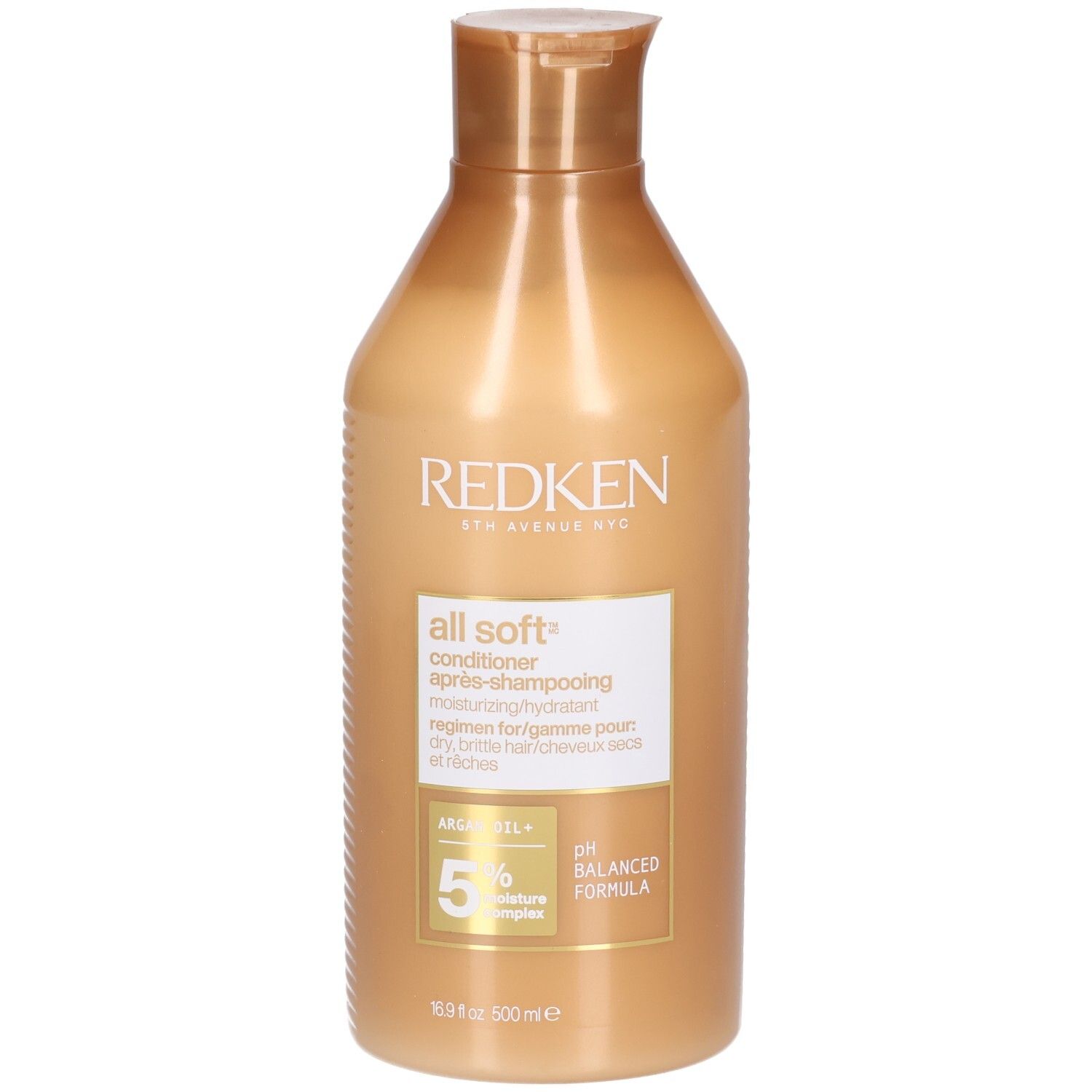 Gouden fles conditioner. Opschrift: Redken, All Soft, Conditioner, 5% Moisture Complex, pH Balanced Formula.