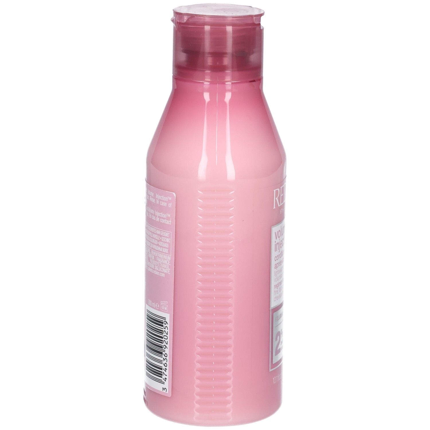 Roze fles met klapdeksel, bevat shampoo. Etiket met barcode en productinformatie.