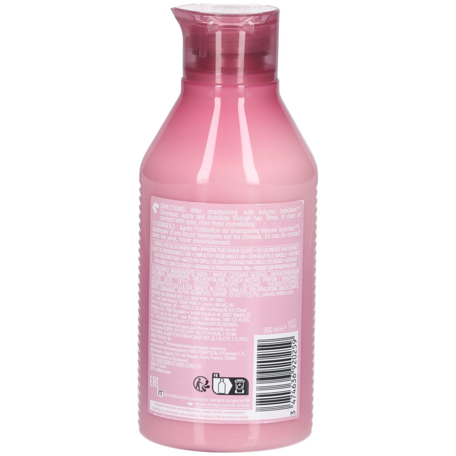 Roze fles met wit etiket en roze klapdeksel. Bevat 250 ml.