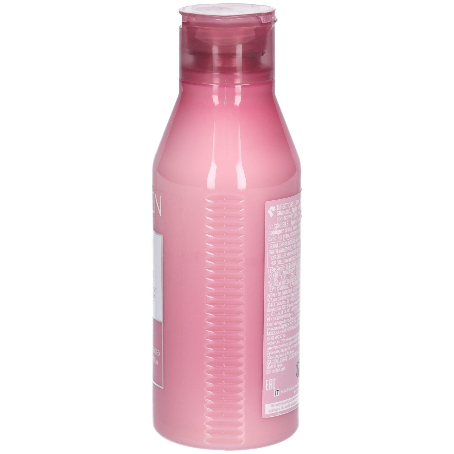 Een roze fles met een flip-top dop, gevuld met een roze vloeistof.