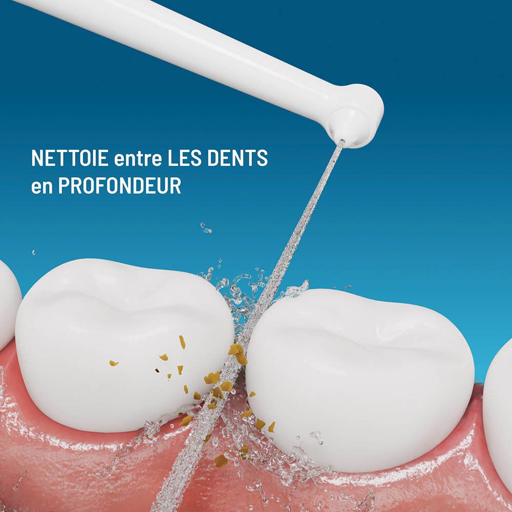 Jet d'eau nettoyant les espaces interdentaires. Élimine les débris et la plaque.
